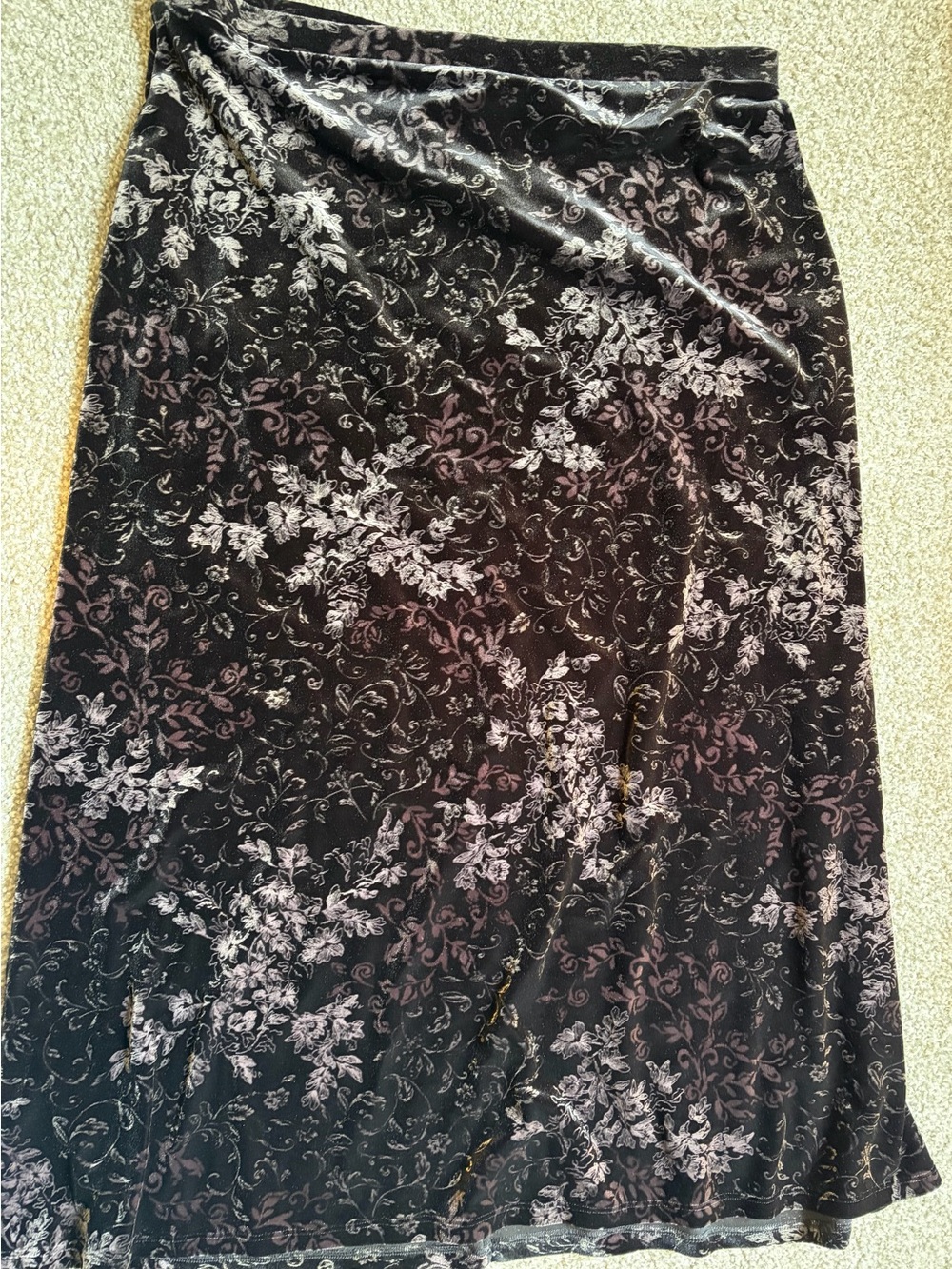 George Velvet Black Midi Skirt with Silver Floral Print